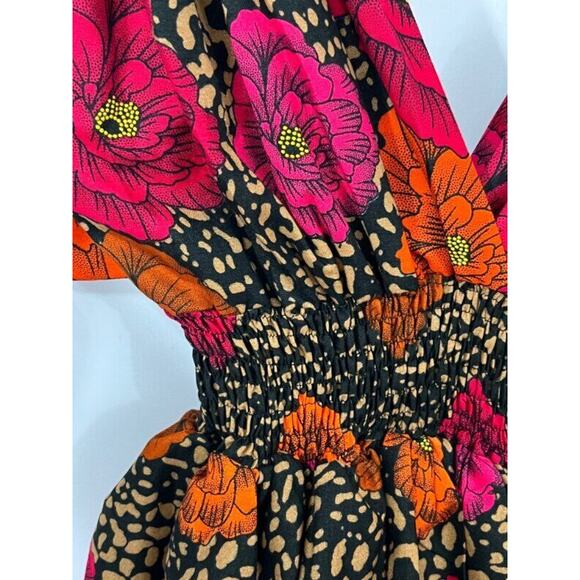 ELISAMAMA Sz S Small One Midi Dress Fuchsia Orange Black Floral Tiered Ruffle - Picture 7 of 11